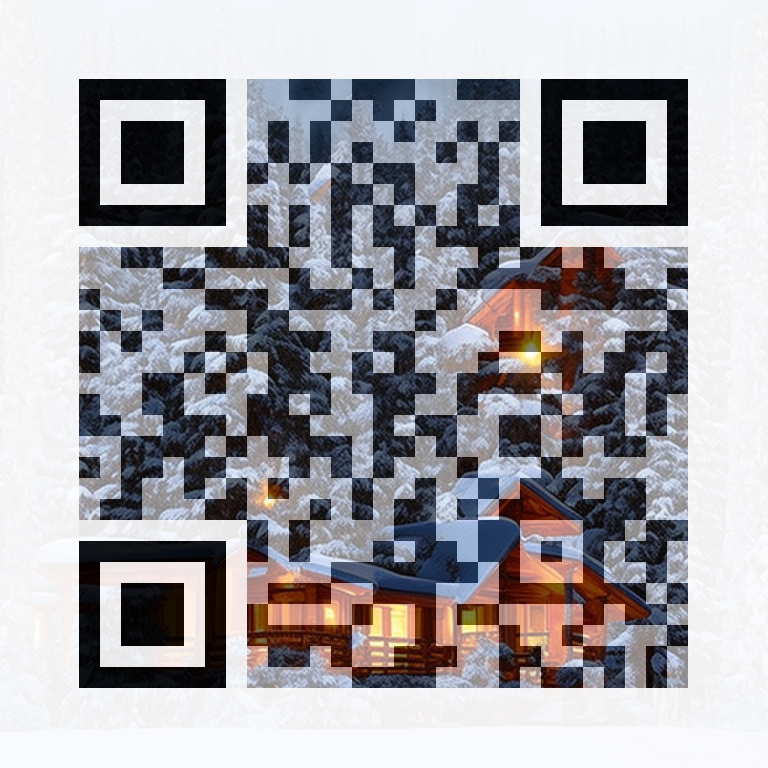 AI QR art — snowy cabin at dusk — scans to QR Code Harbor