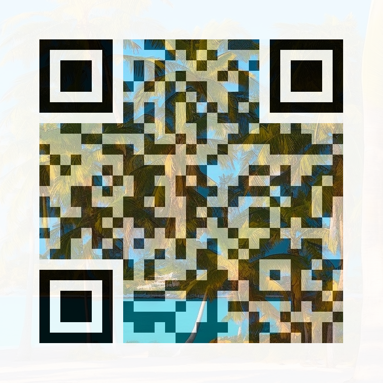 AI QR art — tropical beach at sunset — scans to QR Code Harbor
